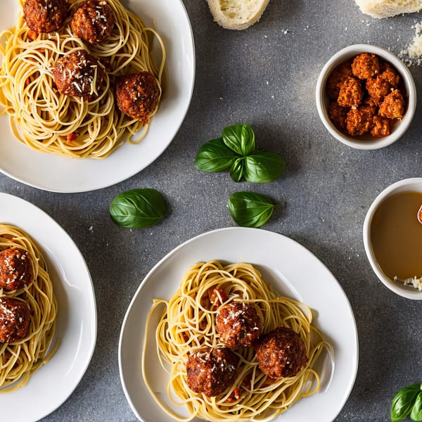 Three plates of spaghetti and meatballs, with basil, bread, and a bowl of sauce on a gray table.